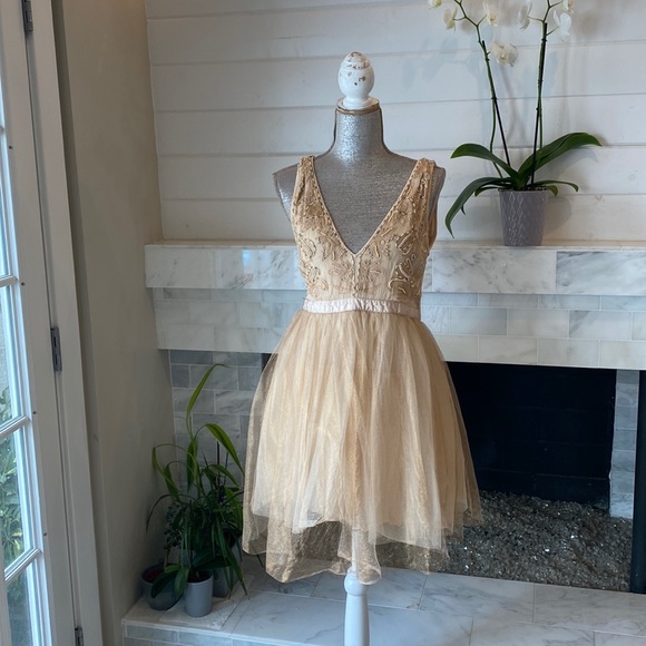 Free People Deja Vu Beaded Embroidered Rose Gold Tulle Mini Dress Size 10 - Picture 6 of 16